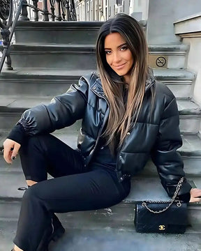 Jaqueta Lazarelle de Couro com Modelagem Puff e Algodão