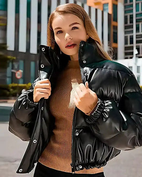 Jaqueta Lazarelle de Couro com Modelagem Puff e Algodão