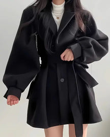 Sobretudo Lazarelle de Lã com Mangas Longas Bufantes