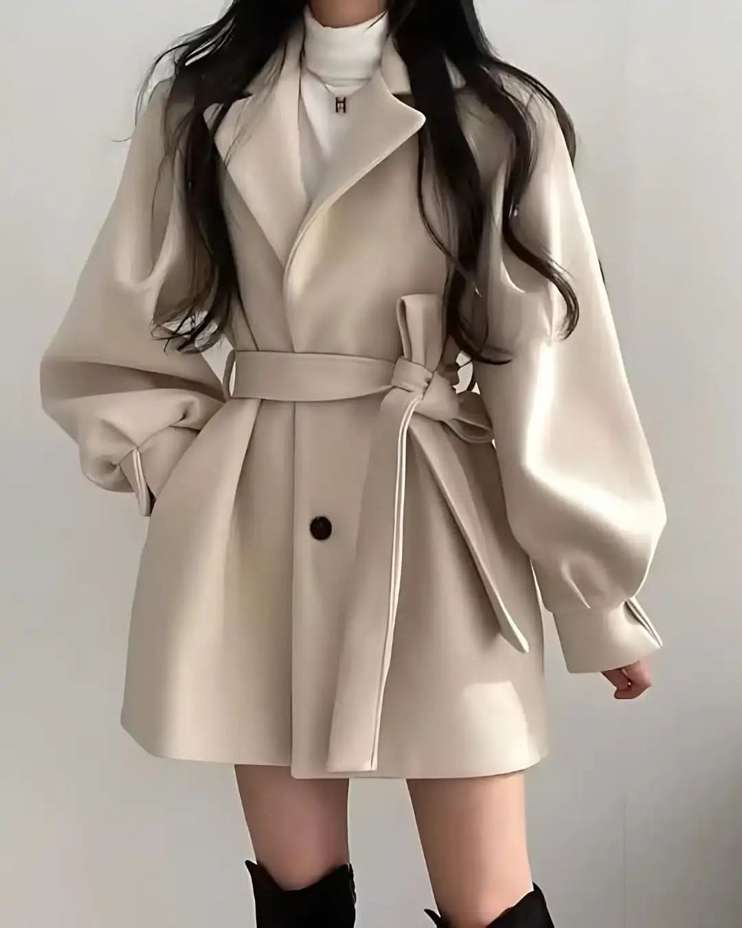 Sobretudo Lazarelle de Lã com Mangas Longas Bufantes