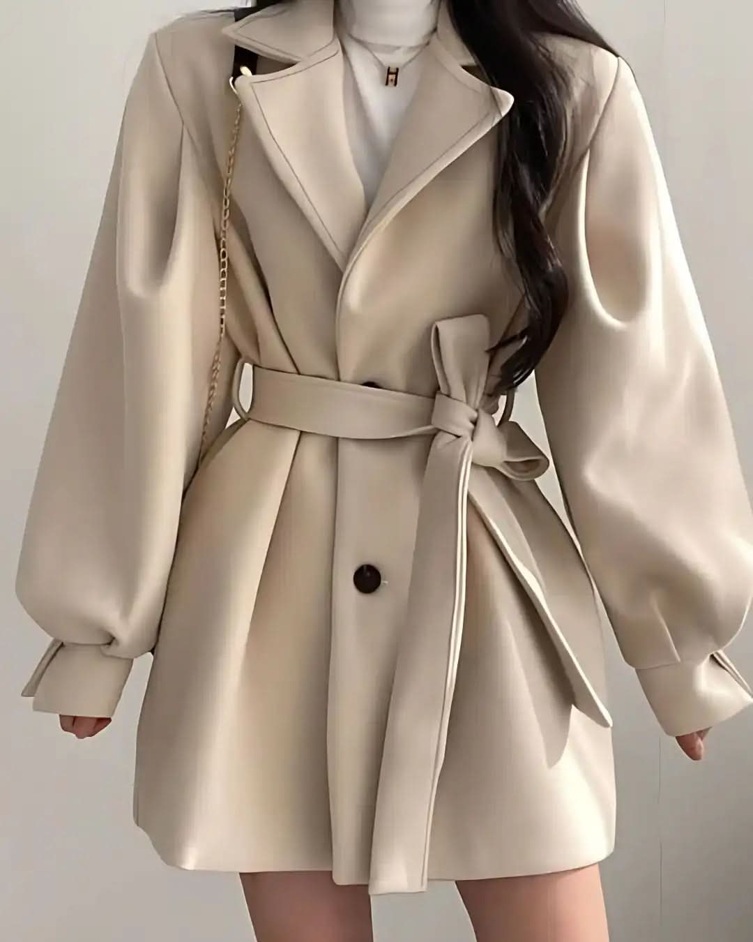 Sobretudo Lazarelle de Lã com Mangas Longas Bufantes