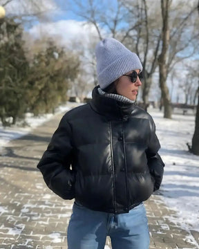 Jaqueta Lazarelle de Couro com Modelagem Puff e Algodão