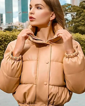 Jaqueta Lazarelle de Couro com Modelagem Puff e Algodão