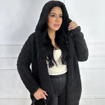 Casaco Feminino Teddy Longo com Capuz e Forro Peluciado