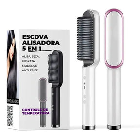 Escova Alisadora 5 em 1 | Alisa, Seca, Hidrata, Modela e Anti-Frizz | Bivolt