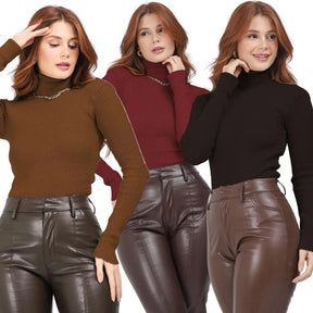 Kit com 3 Blusas de Frio Feminina em Tricô com Gola Alta