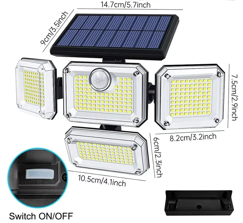 Refletor Led Solar Com 3 Cabeças 122/333Led IP65 à Prova d'água