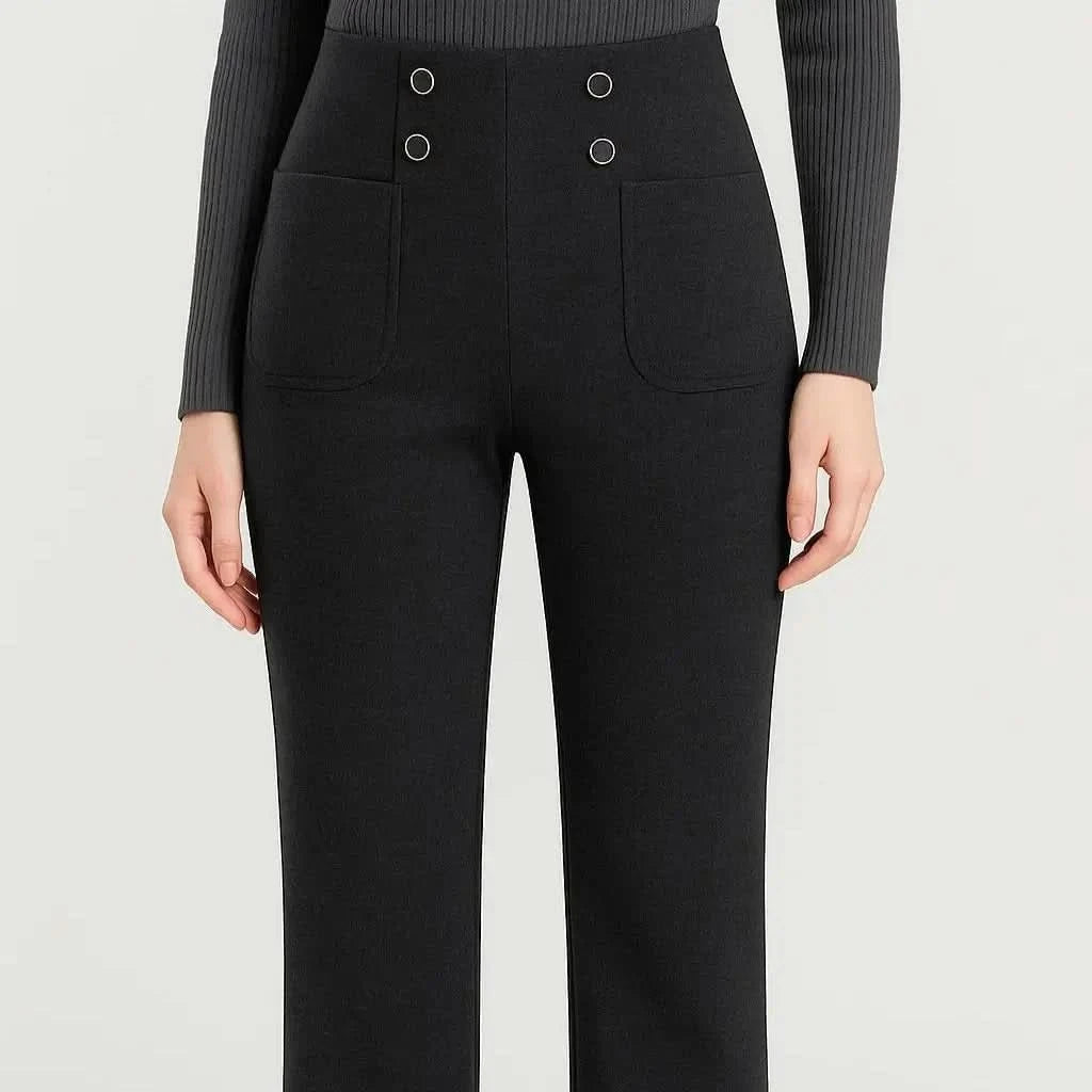 [Leve 3, Pague Só 2] Calça Solena Feminina em Algodão, Poliéster e Viscose de Cintura Alta com Botões Frontais