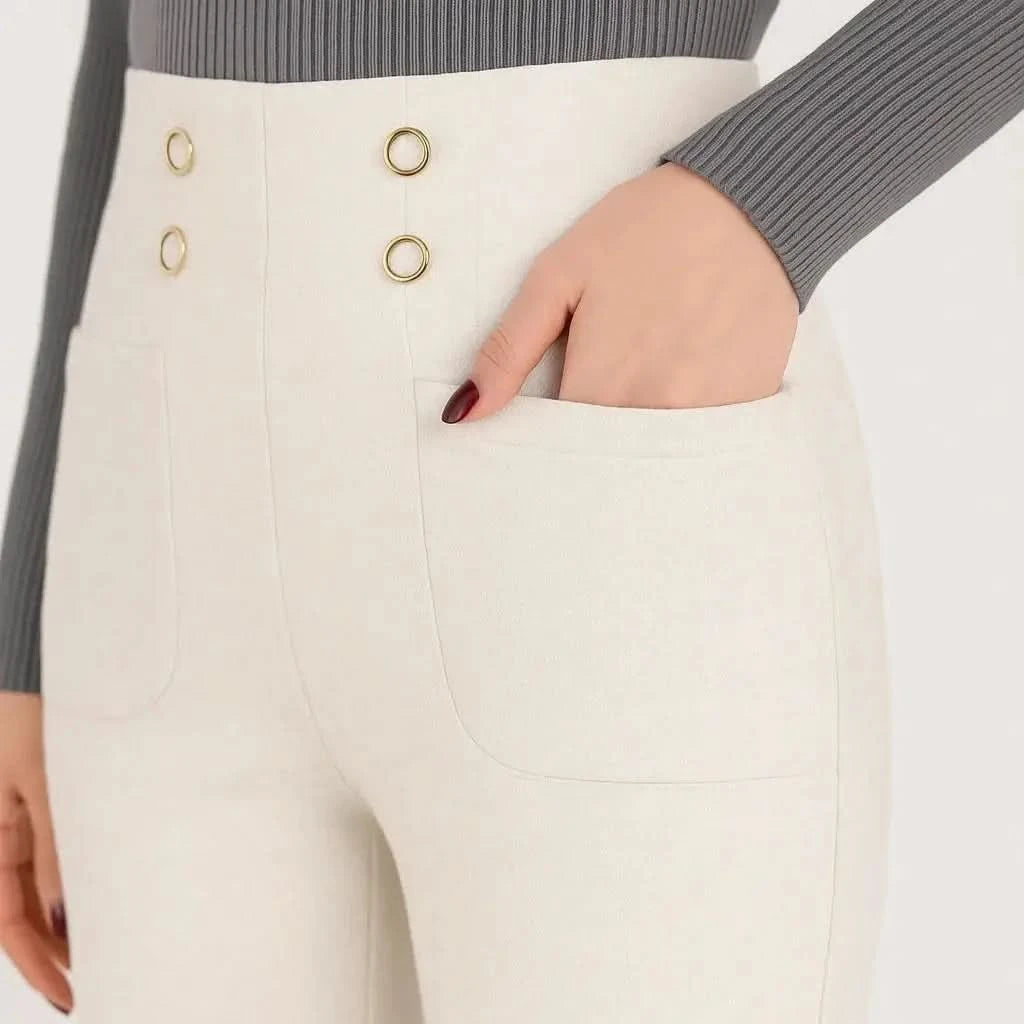 [Leve 3, Pague Só 2] Calça Solena Feminina em Algodão, Poliéster e Viscose de Cintura Alta com Botões Frontais