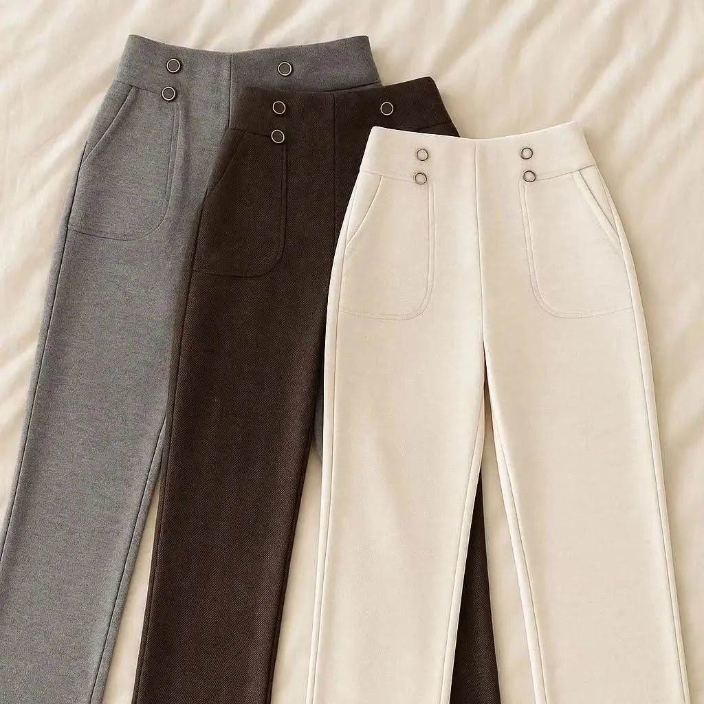 [Leve 3, Pague Só 2] Calça Solena Feminina em Algodão, Poliéster e Viscose de Cintura Alta com Botões Frontais